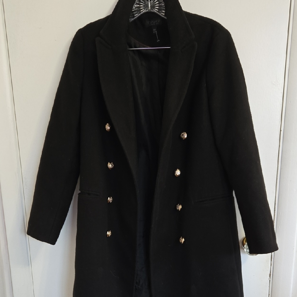 Topshop Black Pea Coat with Gold Buttons